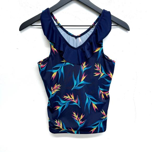 LANDS' END young girls tankini top size 14+ bathing suit top blue floral - Picture 1 of 7